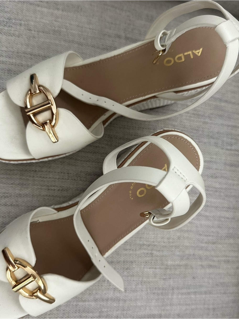 ALDO White Leather Sandals with Gold Buckle Accent